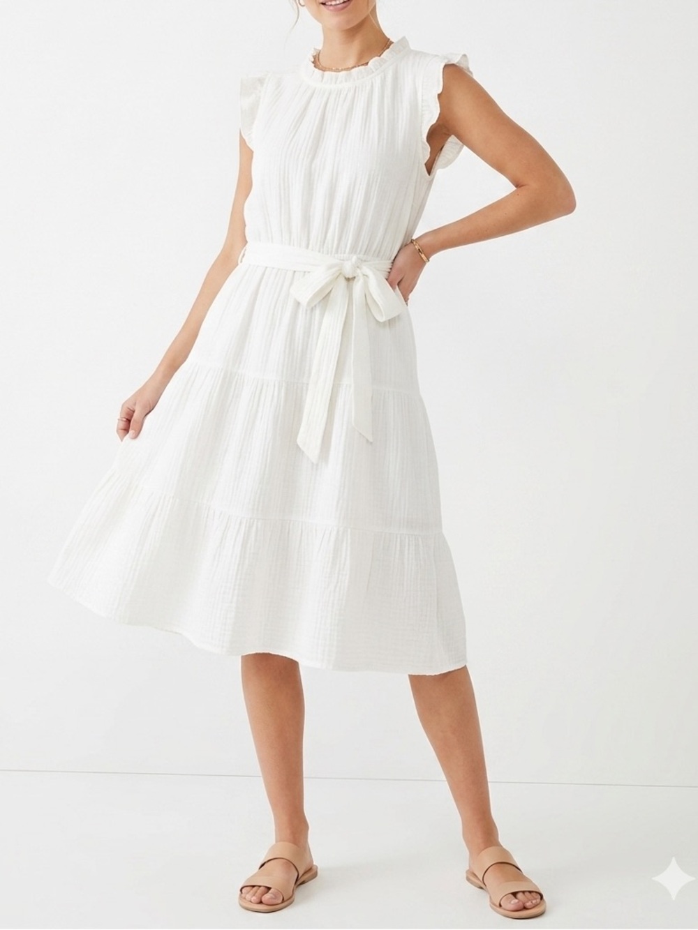 Woman Cream Tie-Waist Cotton Dress